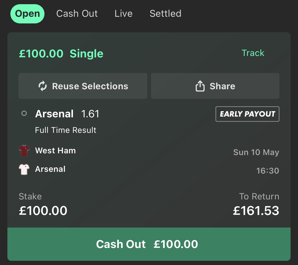 Bet365 Open Bets view of a placed Match Result bet on Arsenal to beat West Ham at 1.61 odds, £100 stake to return £161.53